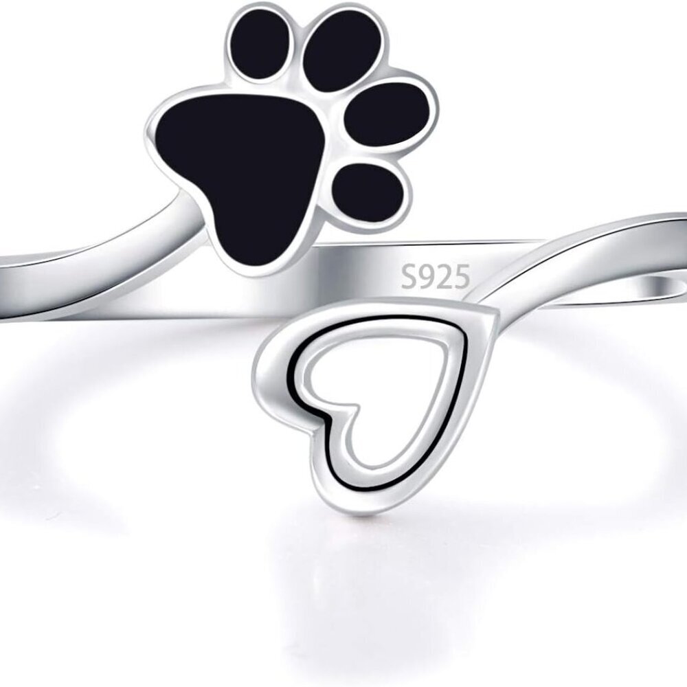 Paw Print Rings - 925 Sterling Silver Adjustable Dog Cat Paw Print Ring for Wome